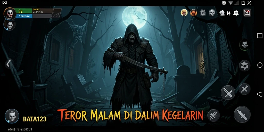 Tampilan gameplay menyeramkan dari BATA123 saat karakter menjelajahi kegelapan.