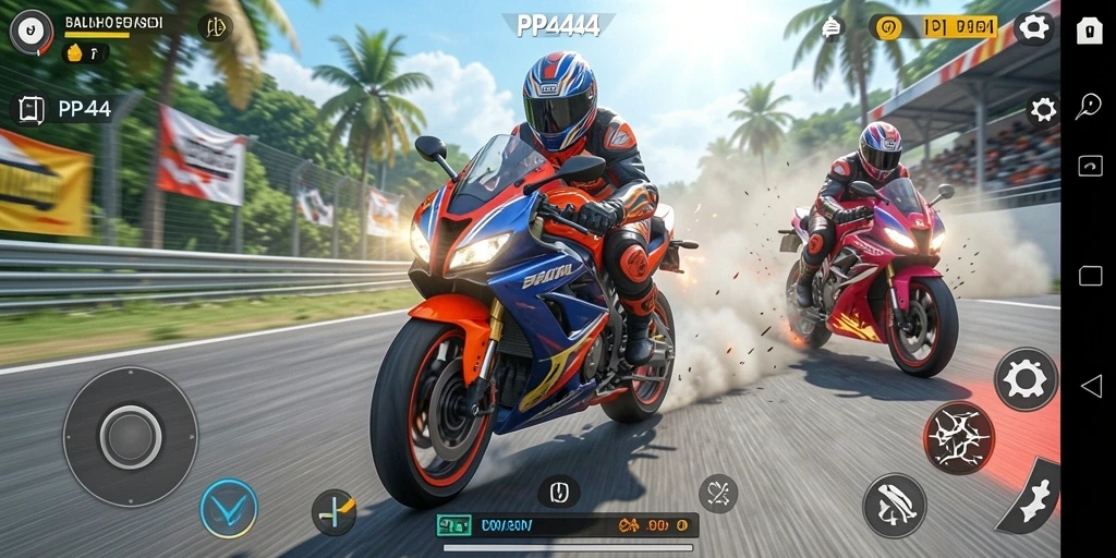 Screenshot gameplay PP444 menampilkan balapan motor yang seru dan mendebarkan.